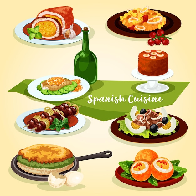 Vector almuerzo de cocina española con icono de dibujos animados de postre