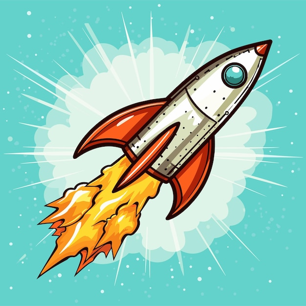 Almuerzo de cohete hacia el fondo del cohete espacial en estilo plano Concepto de inicio