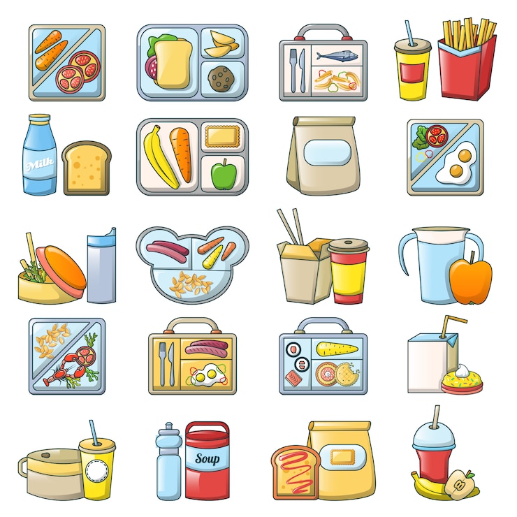Vector almuerzo descanso conjunto de iconos de comida de almuerzo