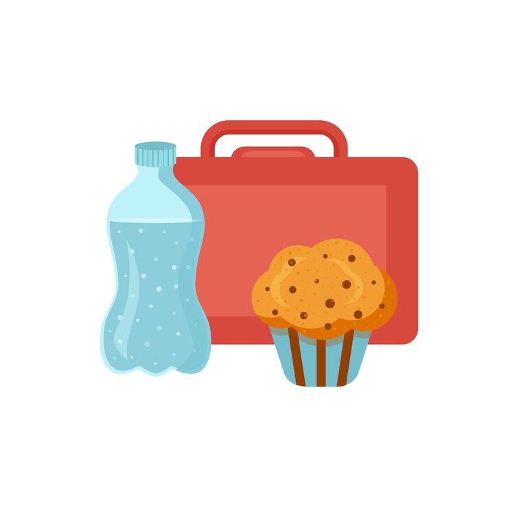 Vector almuerzo escolar cajas de comida comida y merienda. ilustración de vector de estilo plano