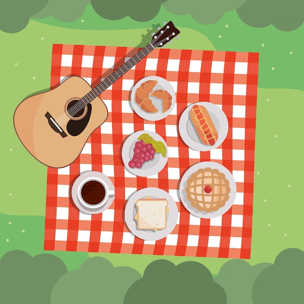 Vector almuerzo picnic y guitarra.