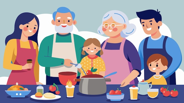 Un almuerzo que reúne a generaciones mientras los abuelos comparten recetas familiares secretas con los jóvenes