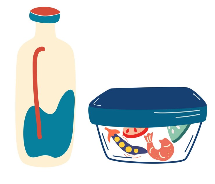 Vector almuerzo en un recipiente alimentos en una lonchera y una botella de leche recipiente de plástico