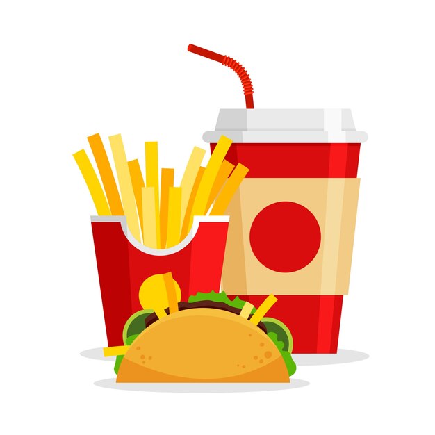 Almuerzo con tacos de papas fritas y refrescos en un moderno estilo plano Restaurante de comida rápida para llevar Menú de comida chatarra
