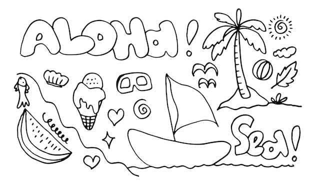 Vector aloha dibujado a mano lindo doodle ilustración. diseño hawaiano.