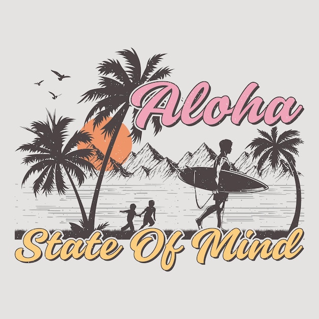 Aloha estado de la mente surf playa Sunset Lake diseño de camiseta de sublimación de verano vintage