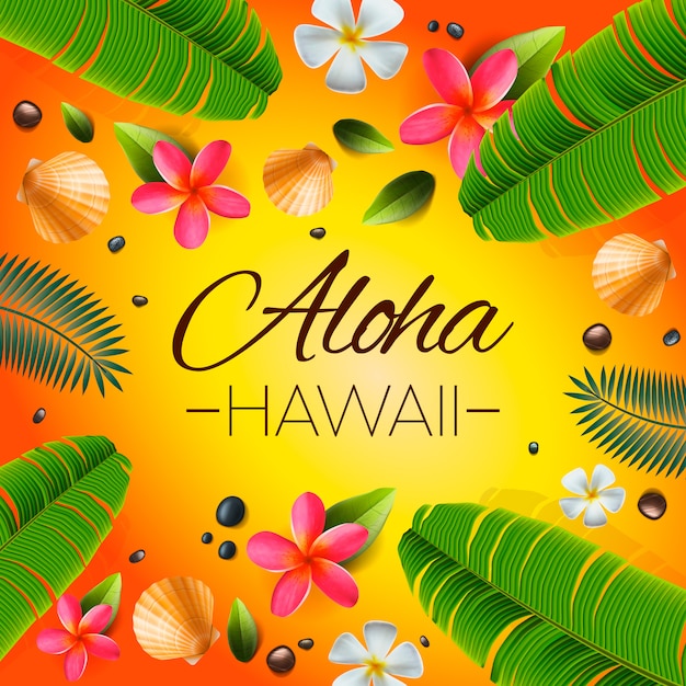 Aloha hawaii fondo. plantas tropicales, hojas y flores. saludo en idioma hawaiano. ilustración.