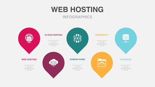 Alojamiento web alojamiento en la nube Nombre de dominio Ancho de banda Iconos de base de datos Plantilla de diseño de diseño infográfico Concepto de presentación creativa con 5 pasos