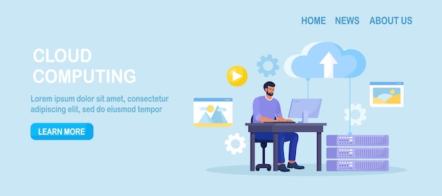 Alojamiento web de base de datos en línea de computación en la nube personas que almacenan y procesan datos en el servidor web hombre que usa la computadora para cargar y descargar información sobre el almacenamiento en la nube diseño vectorial