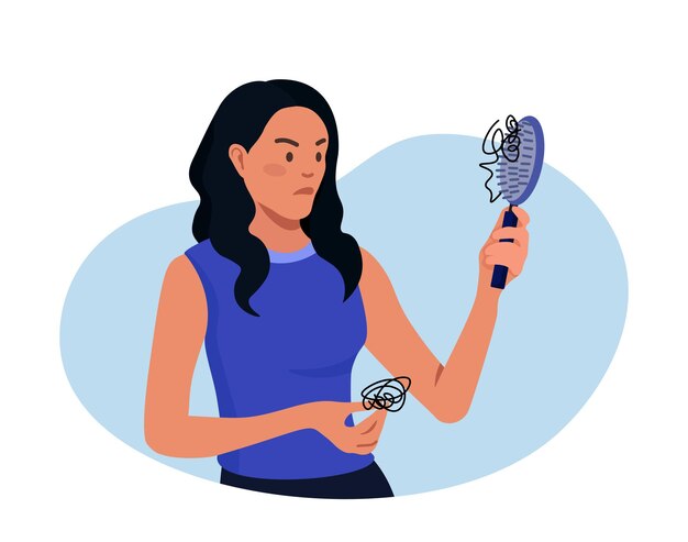 Alopecia y problemas capilares La mujer joven mira con tristeza el cepillo para el cabello con mechones de cabello El personaje se siente molesto por la pérdida del cabello Falta de vitaminas y aminoácidos importantes Persona estresada