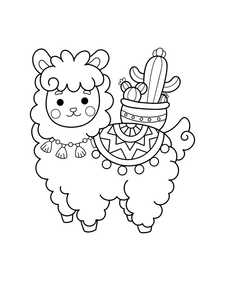 Vector alpaca con cactus para colorear ilustración de la página