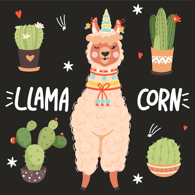 Vector alpaca de dibujos animados lindo con un cuerno de unicornio.