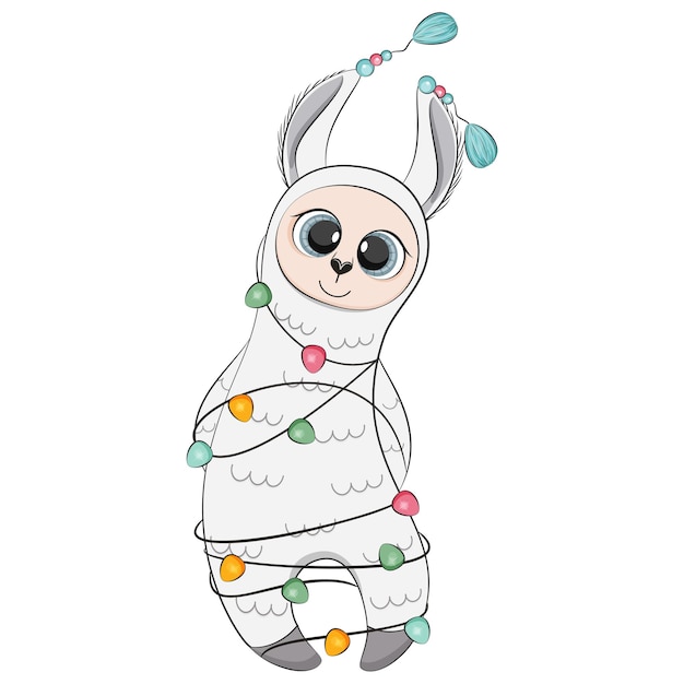 Alpaca, lama en sombrero de Navidad y bufanda, ilustración de vector de stock de tarjeta de felicitación de invierno.
