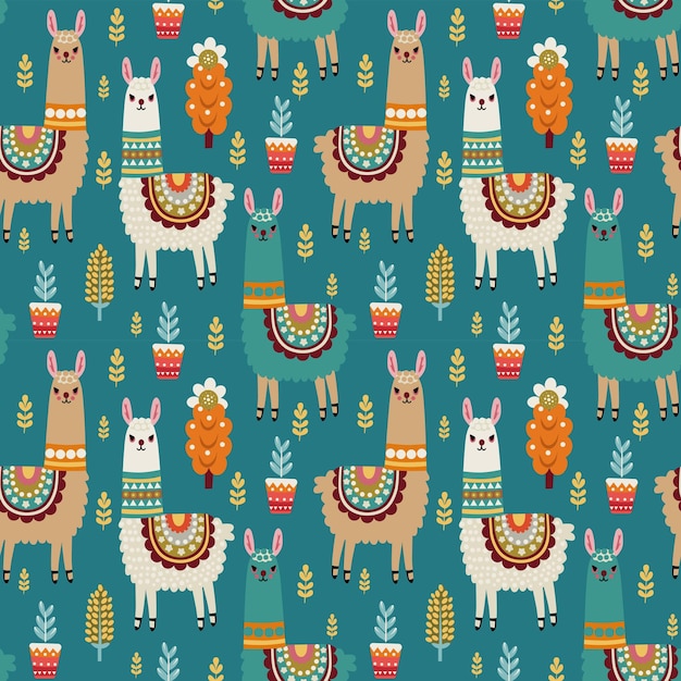 alpacas de colores en un ornamento sobre un fondo de plantas patrón sin costuras