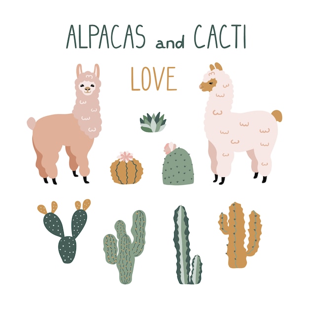 Alpacas de dibujos animados lindo y elementos de diseño de cactus.