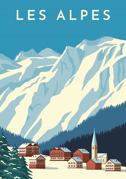 Vector alpes viaje cartel retro, banner vintage. pueblo de montaña de austria, paisaje de invierno de suiza. ilustración plana