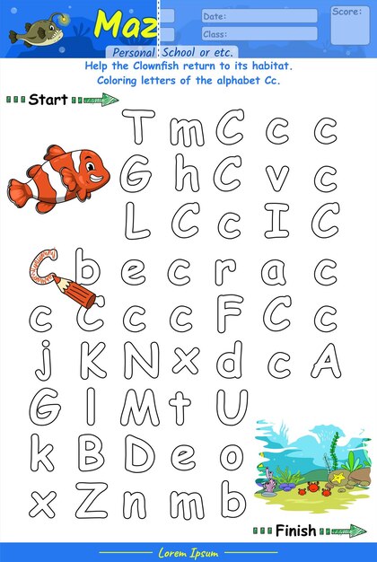 Alphabet maze juego de aprendizaje del alfabeto cc con dibujos animados clownfish