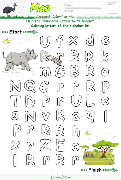 Alphabet maze juego de aprendizaje del alfabeto rr con dibujos animados de rinocerontes