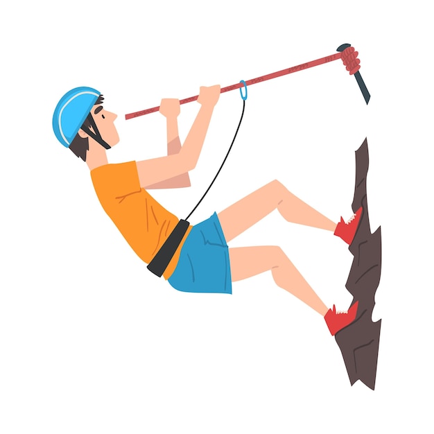 Alpinista con casco protector Escalada de montaña con cuerda Hobby extremo o deporte Ilustración vectorial al estilo de dibujos animados