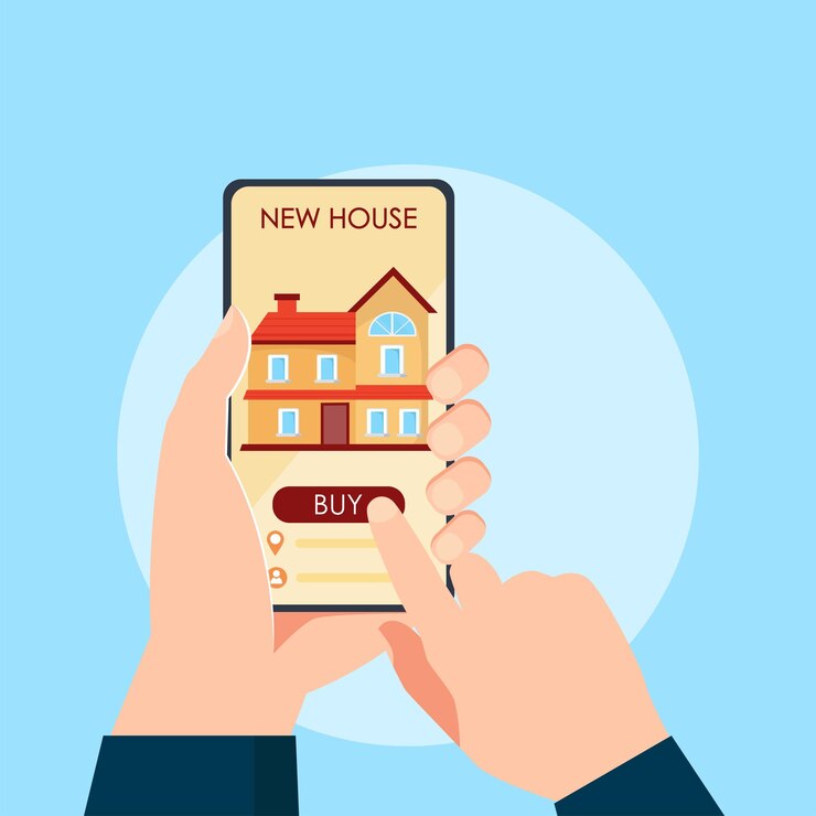 Vector alquilar o vender apartamento o aplicación de agencia inmobiliaria en vector de teléfono inteligente plano