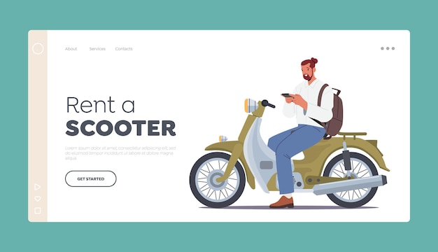 Vector alquile una plantilla de página de destino de scooter personaje masculino jinete motociclista montando motocicleta hombre conduciendo bicicleta antigua