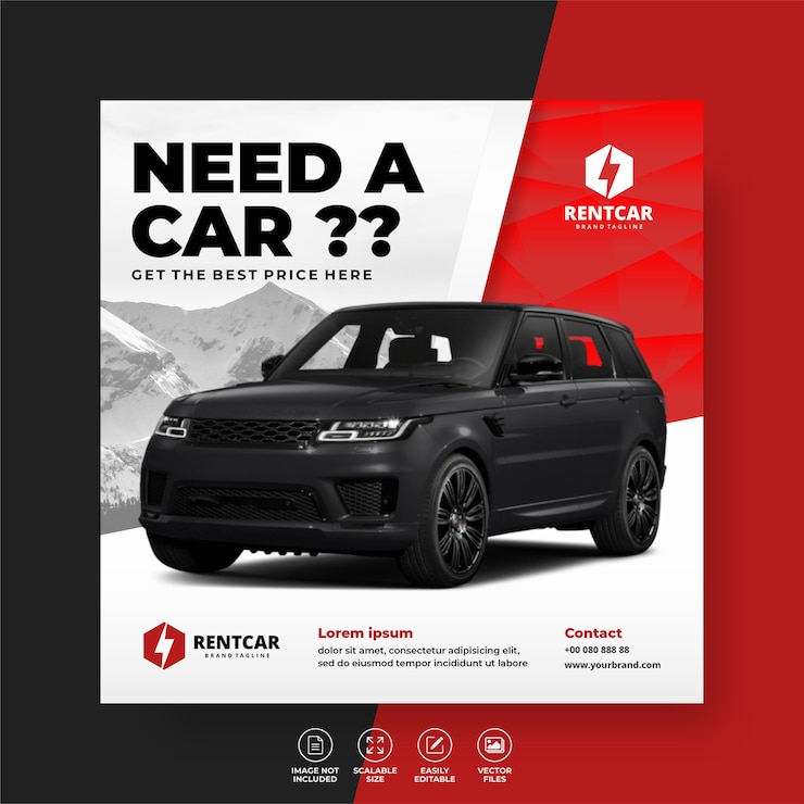 Vector alquiler de coches para banner de publicación de redes sociales, plantilla de promoción.