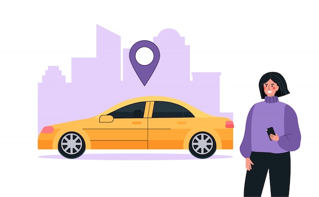 Alquiler de coches moderno o concepto de servicio de alquiler de coches. La mujer usa la aplicación móvil para buscar un automóvil en una ubicación del mapa.