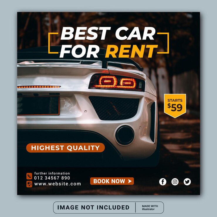 Vector alquiler de coches para promoción de redes sociales plantilla de banner de publicación de instagram o folleto cuadrado