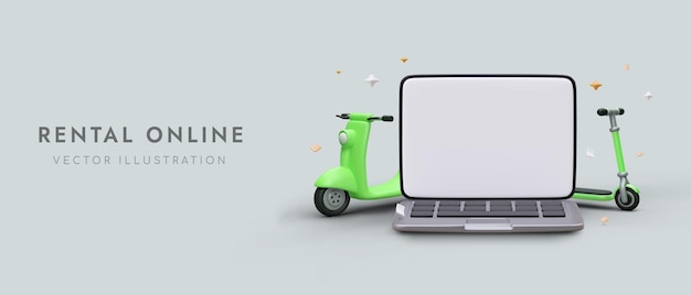 Alquiler en línea de vehículos monoplaza Alquiler de varios tipos de scooters a través del sitio Modelos eléctricos y patadas Plantilla horizontal para diseño de sitio web