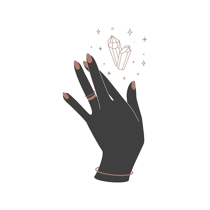 Vector alquimia esotérica mística mágica talismán celestial con mano de mujer y geometría sagrada de cristal de brujería. objeto de ocultismo espiritual. ilustración vectorial