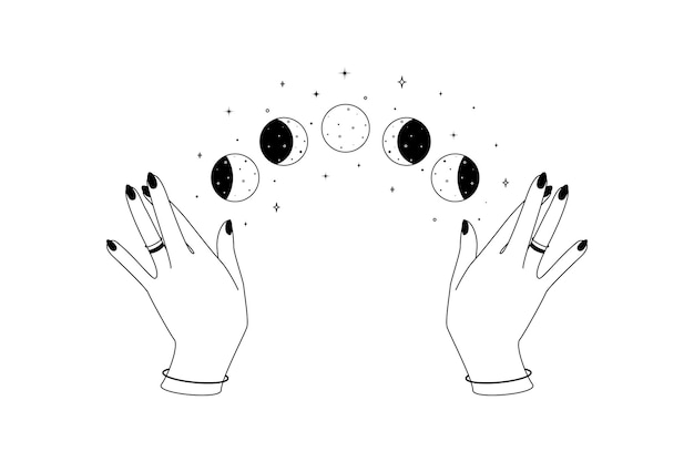 Alquimia esotérica mística símbolo celestial mágico del contorno del ciclo de la luna sobre las manos de la mujer oc ...