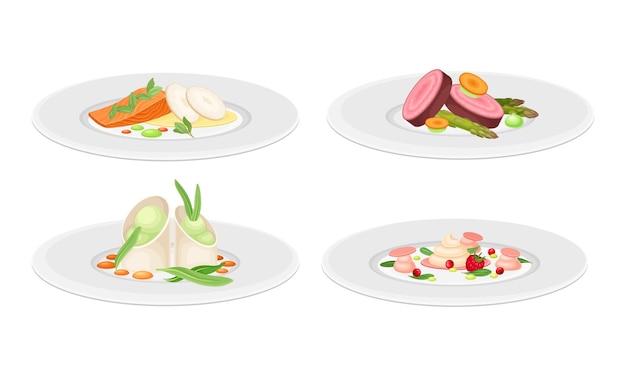 Vector alta cocina o grande cocina con meticulosa preparación de alimentos y servicio en el plato conjunto vectorial de vista lateral