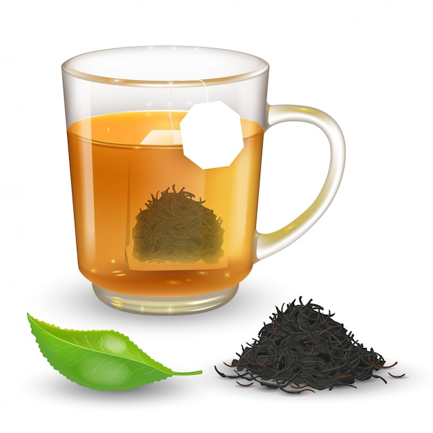 Vector alta ilustración detallada de la taza transparente con té negro o verde sobre fondo transparente.