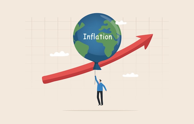 Alta inflación global aumento de la tasa de interés de la fed interés flotante crisis económica mundial desaceleración económica inflación muy alta el globo con el símbolo del mapa mundial flota más alto