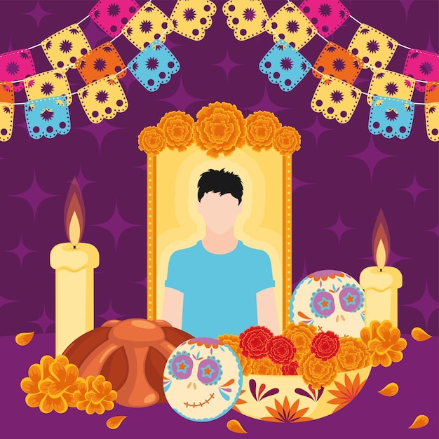 Altar del Día de los Muertos con velas fotográficas y flores vectoriales