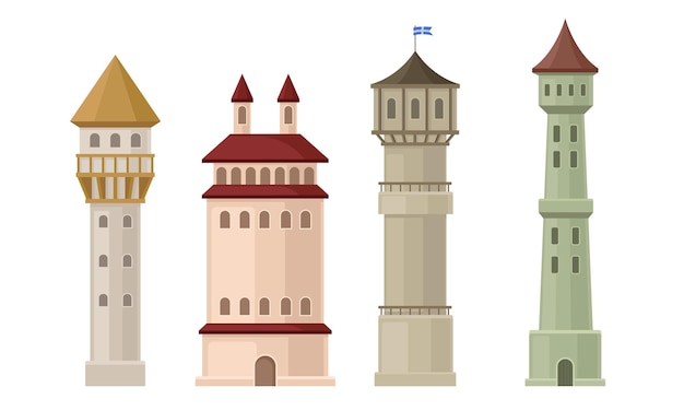 Altas torres de piedra con muros de castelación y un conjunto vectorial de ventanas