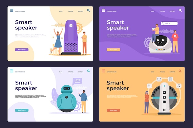 Altavoces electrónicos inteligentes con página web asistente virtual. las personas controlan los dispositivos con comandos de voz. aterrizajes de vector de dispositivo de ia interactivos. ilustración de la voz electrónica ai.