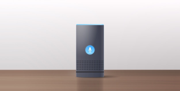 altavoz inteligente relistic en mesa de madera reconocimiento de voz activados asistentes digitales concepto de informe de comando automatizado horizontal