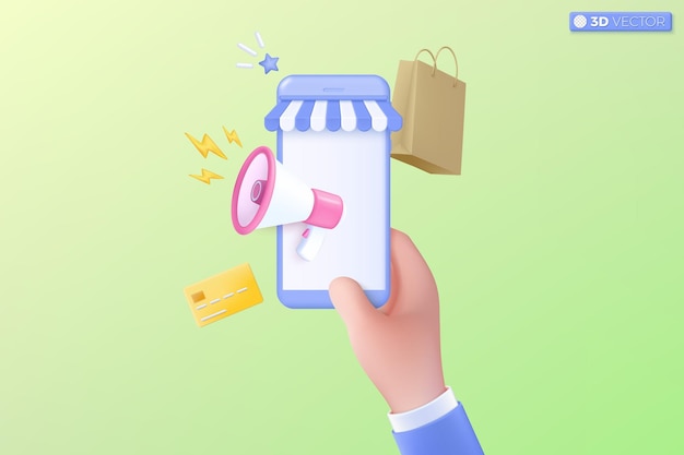 Altavoz de megáfono 3d con icono de relámpago símbolo altavoz anunciar promoción de descuento Vender precios reducidos concepto de tiempo de compras 3D vector aislado ilustración Dibujos animados pastel Estilo minimalista