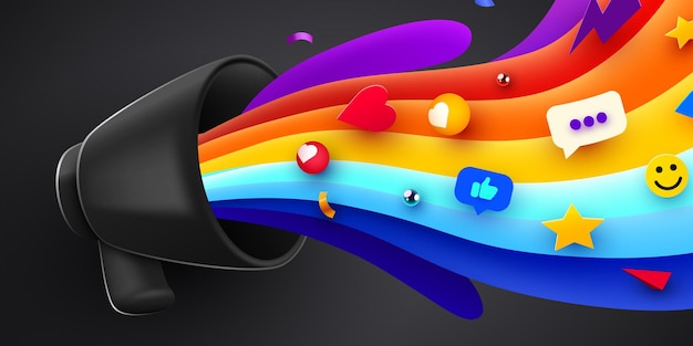 altavoz de megáfono 3d o altavoz de megafono para anunciar la promoción con elementos coloridos