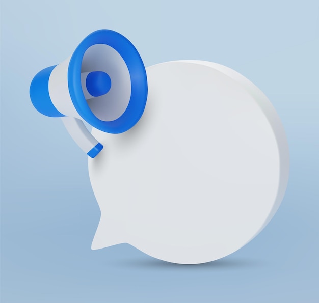 Altavoz de megáfono de color azul y blanco 3D con ilustración vectorial de burbujas de habla