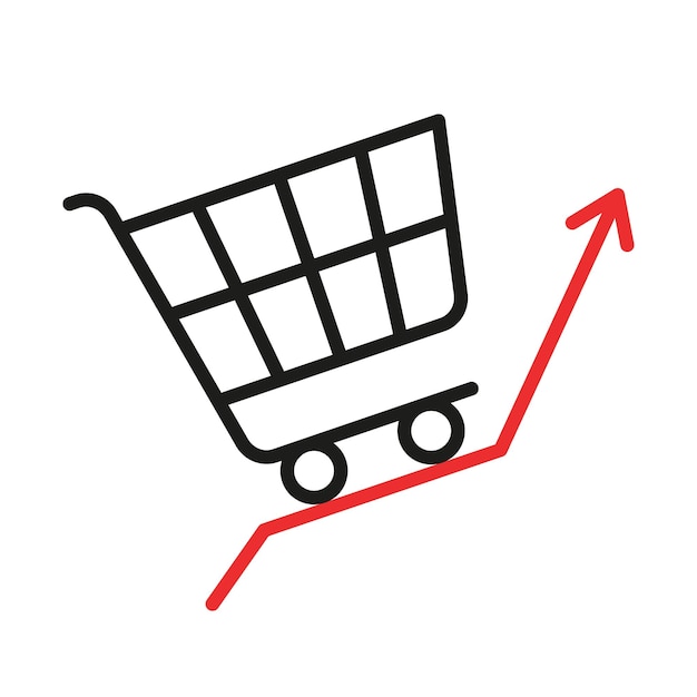 Alto precio de inflación y crecimiento del icono de la línea de venta de alimentos. Carro de compras con alimentos en flecha hacia arriba