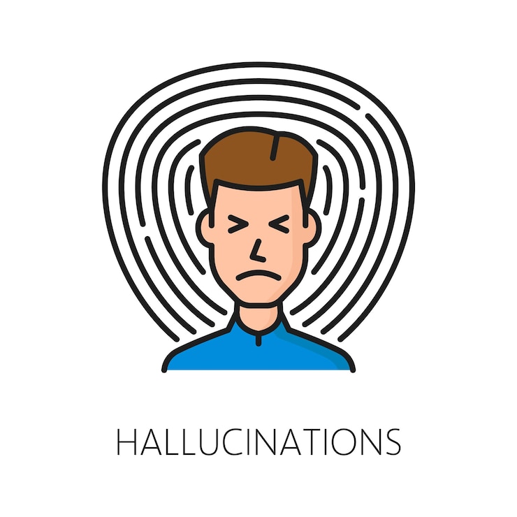 Vector alucinaciones trastorno psicológico problema de salud mental vector aislado icono lineal representa a una persona con percepciones alteradas retratadas con imágenes distorsionadas o elementos surrealistas