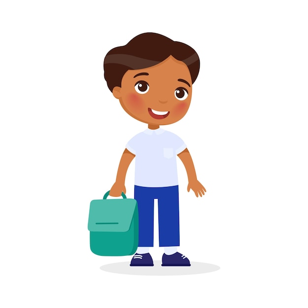 Alumno estudiante feliz Niño sosteniendo mochila Niño de escuela primaria afroamericano Regreso a la escuela