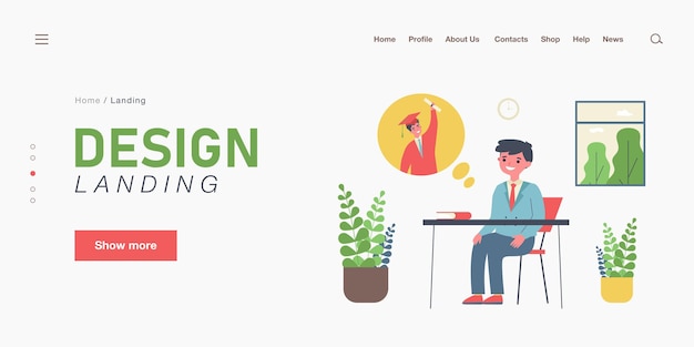 Alumno pensando en graduarse de la universidad. Niño en uniforme escolar soñando despierto en la ilustración de vector plano de clase. Escuela, graduación, concepto de educación para banner, diseño de sitio web o página web de destino