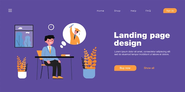 Alumno pensando en graduarse de la universidad. Niño en uniforme escolar soñando despierto en la ilustración de vector plano de clase. Escuela, graduación, concepto de educación para banner, diseño de sitio web o página web de inicio