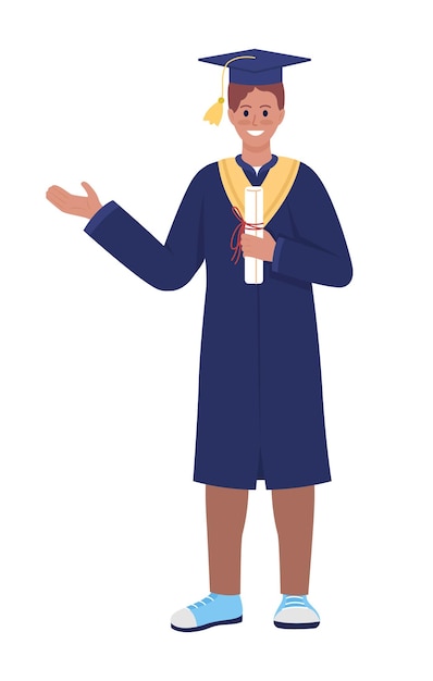 Alumno de la universidad feliz personaje de vector de color semiplano Figura de pie Persona de cuerpo completo en blanco Joven con diploma simple ilustración de estilo de dibujos animados para diseño gráfico web y animación