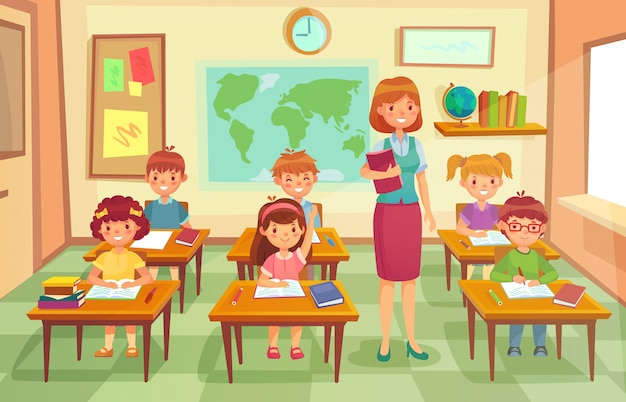 Alumnos y docentes en aula. Ilustración de dibujos animados