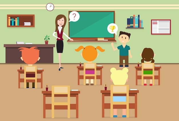 Alumnos de la lección de la escuela y el maestro en el interior de la sala de clase