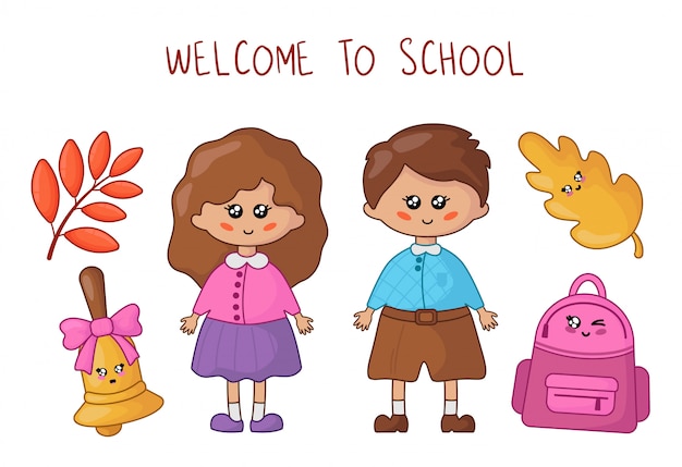 Alumnos o estudiantes kawaii - niño y niña y útiles escolares
